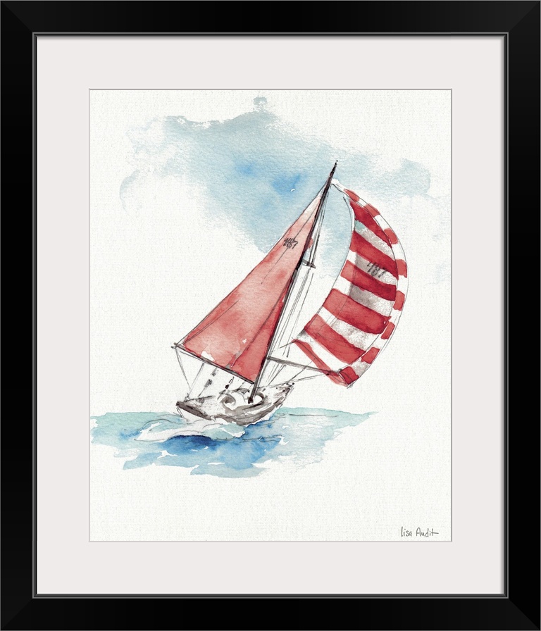 Contemporary artwork of a sailboat with a red and white sail.