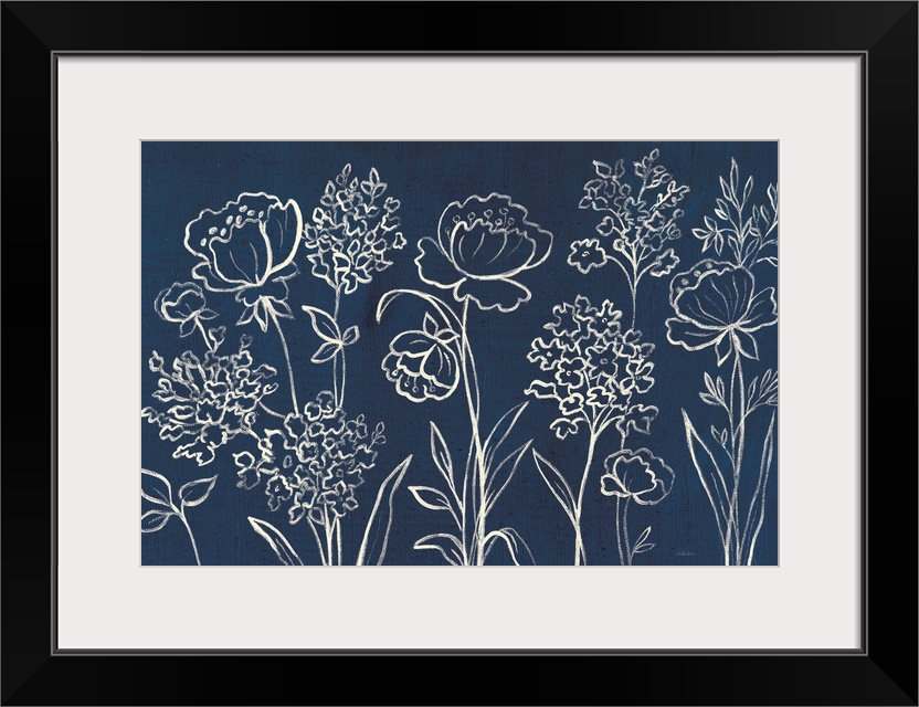 White outlines of wildflowers on an indigo background.