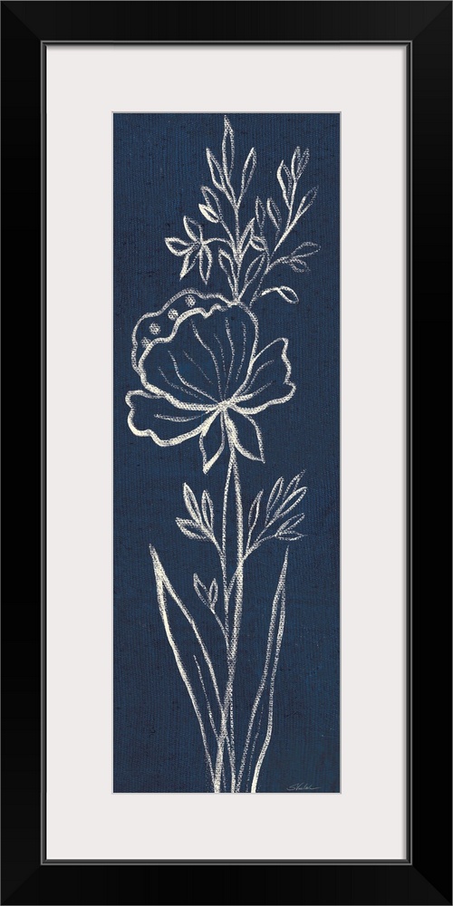 Tall, rectangular painting that has white outlines of a flower and leaves with long stems on an indigo background.