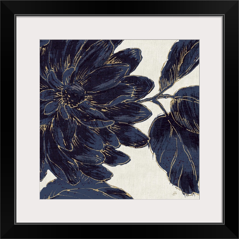 Deep blue flowers against a beige background.