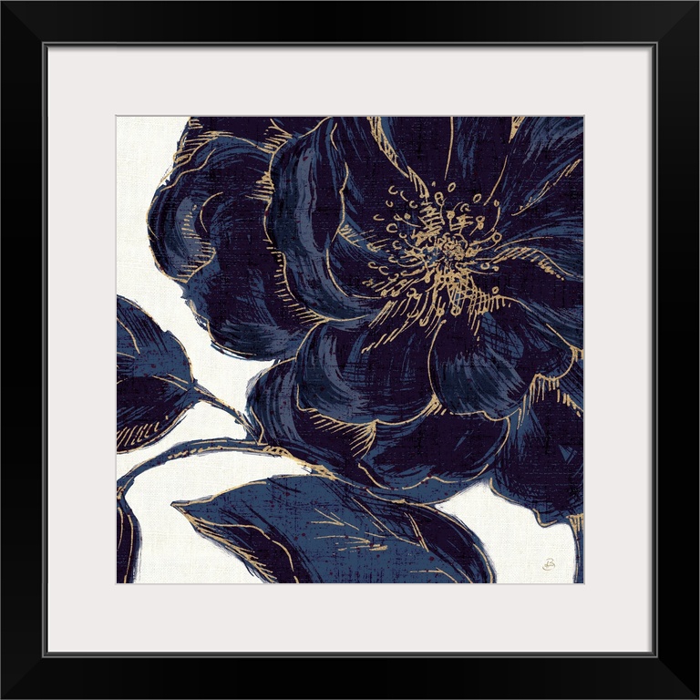 Deep blue flowers against a beige background.
