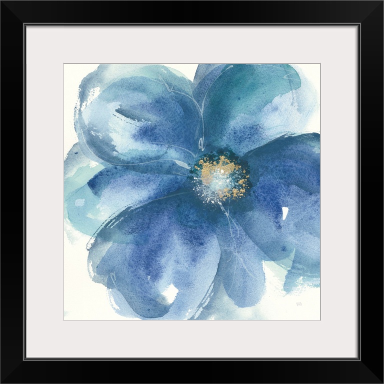 Large square contemporary painting of blue flowers with accents of gold.