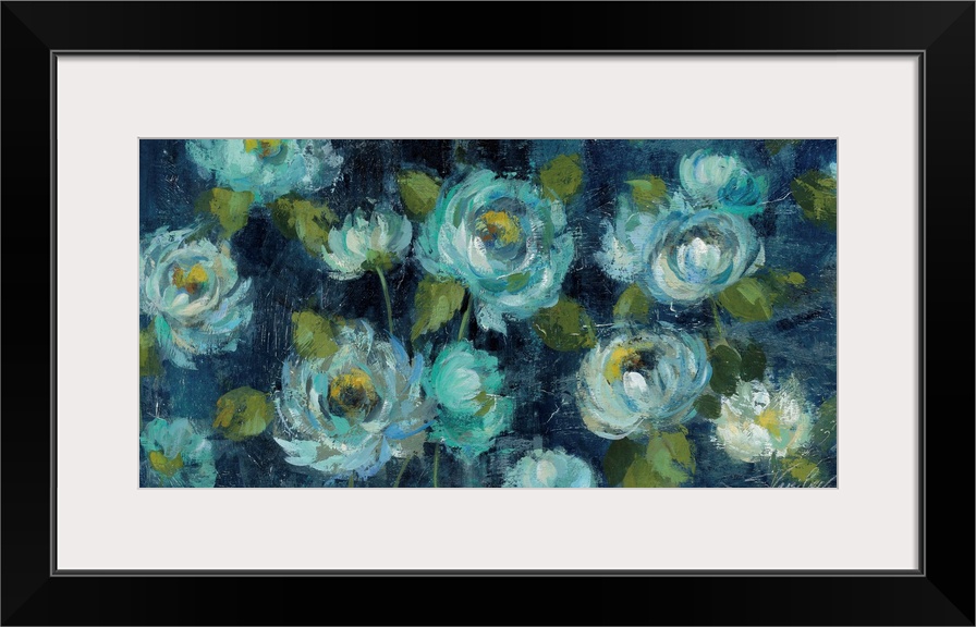 Contemporary artwork of bright blue flowers against a navy blue background.