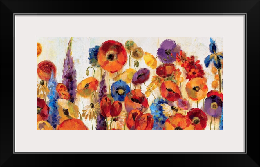 A large canvas still life of a variety of vividly colored flowers for home art docor.