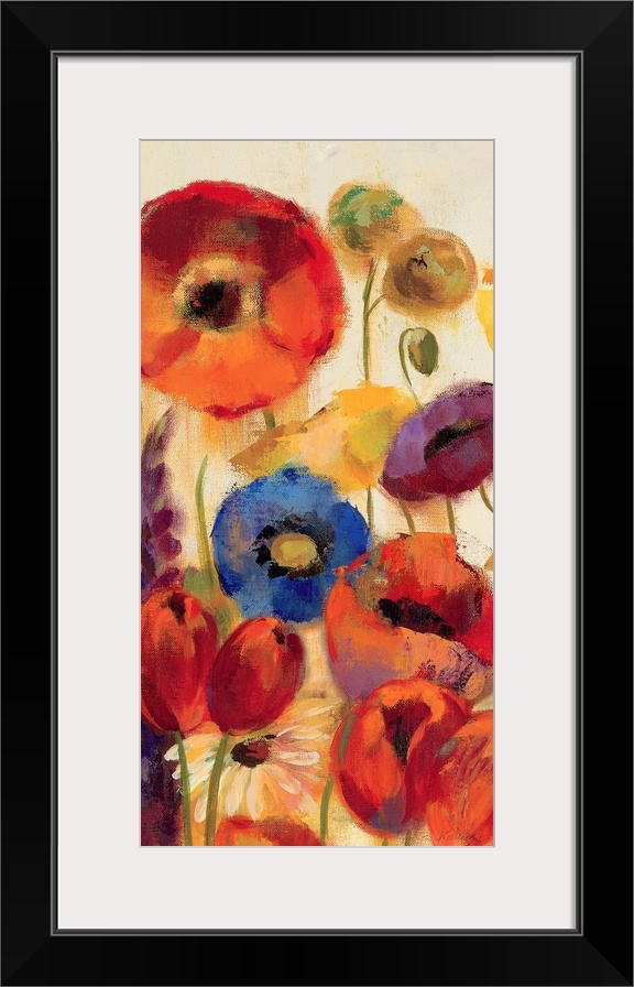 Vertical panoramic painting of colorful meadow of flowers.
