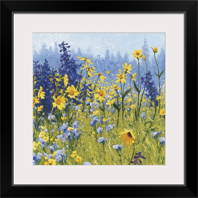 Contemporary painting of a field of wildflowers with blue, green, purple, and yellow hues.