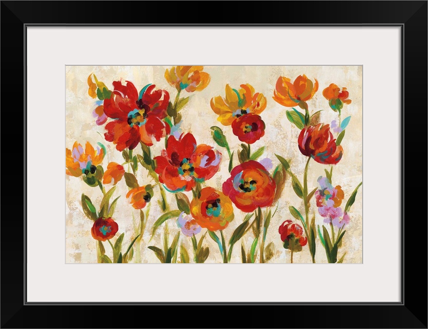 Rectangular contemporary painting of colorful red and orange flowers on a beige and cream colored background.