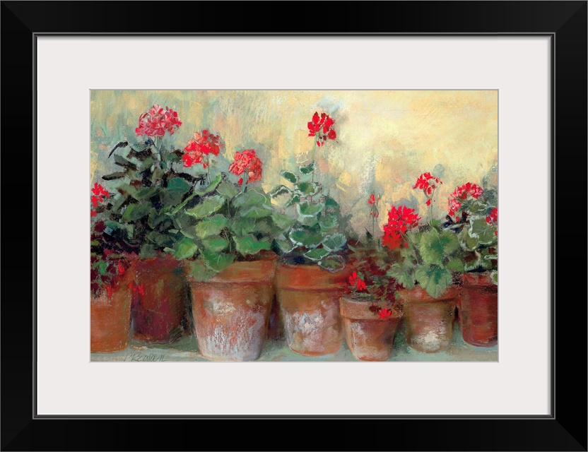 Painting of a row of flower pots varying in size.  Each flower pot contains bold colored flowers and greenery.