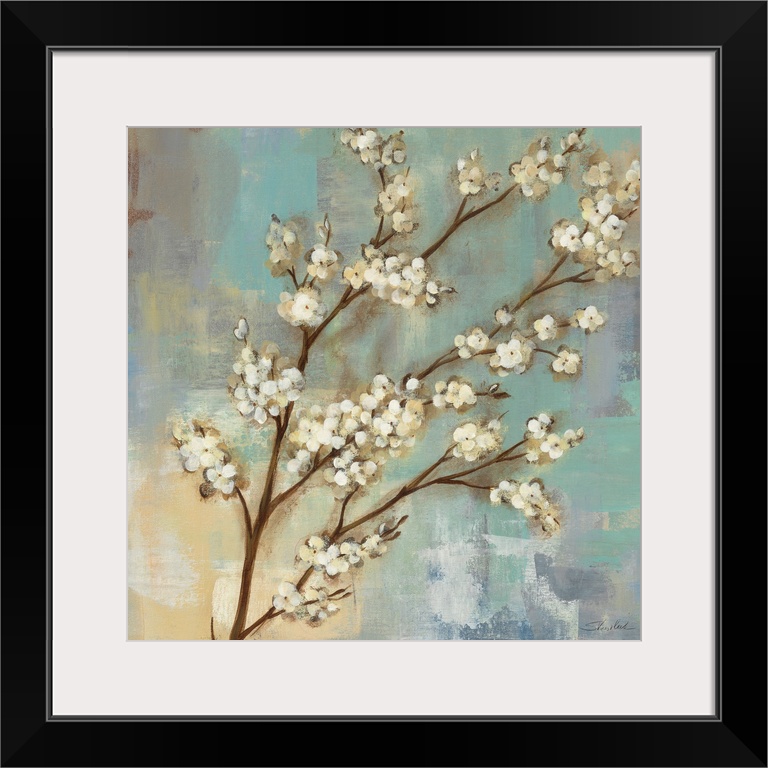 Contemporary painting of a branch of Kyoto blossoms on a cool textured background.
