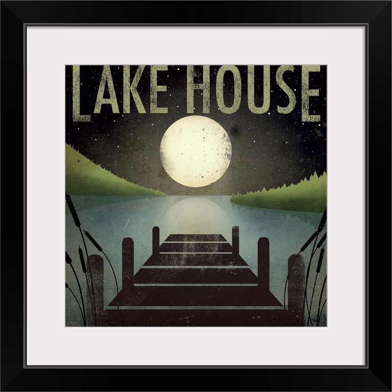 Contemporary design featuring clean silhouette cutouts of a pier on the lake under the full moon with the words lake house...