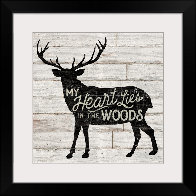 Contemporary rustic cabin decor artwork of a silhouetted nature element with a typographic sentiment in it.
