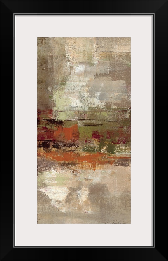 Vertical abstract artwork with brushstrokes mainly being applied horizontally. A cluster of different colors is in the cen...