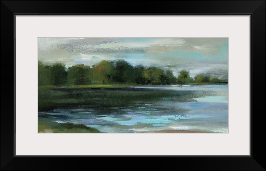 Contemporary landscape painting of a lakeside lined with trees.