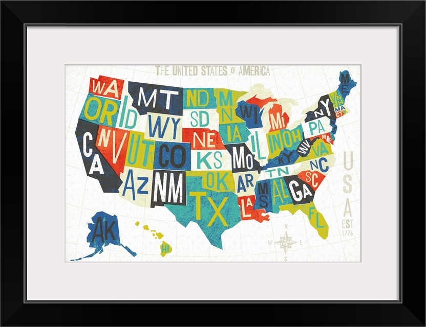 Map of the United States of America with the abbreviation of each state.