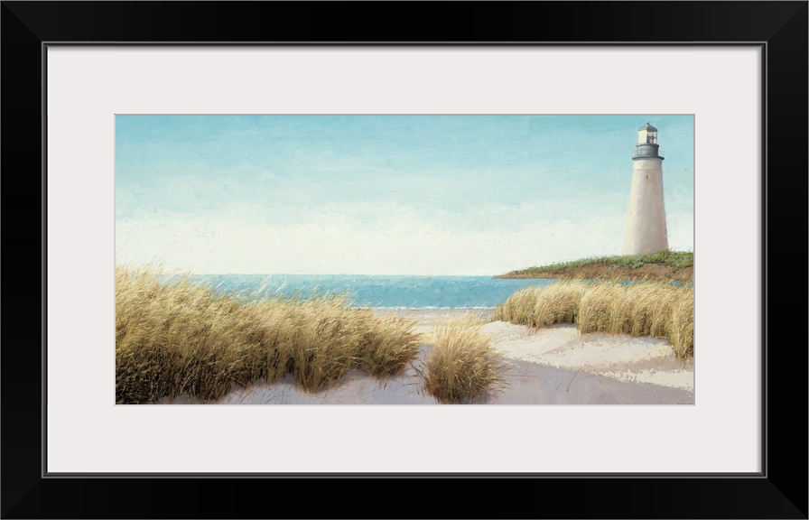 Horizontal, large wall picture of grasses blowing on the beach.  A lighthouse in the distance, next to blue waters.