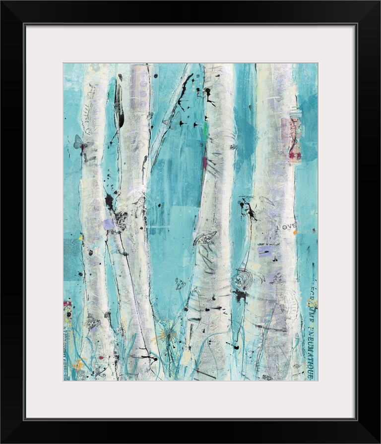 A painting of a group of birch trees with layers of small text and decorative images.