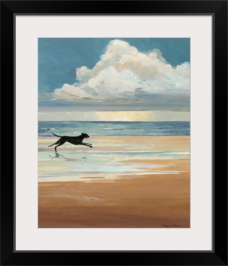 A black Labrador runs on a sandy beach with a large cloud on the ocean horizon in this vertical landscape painting.