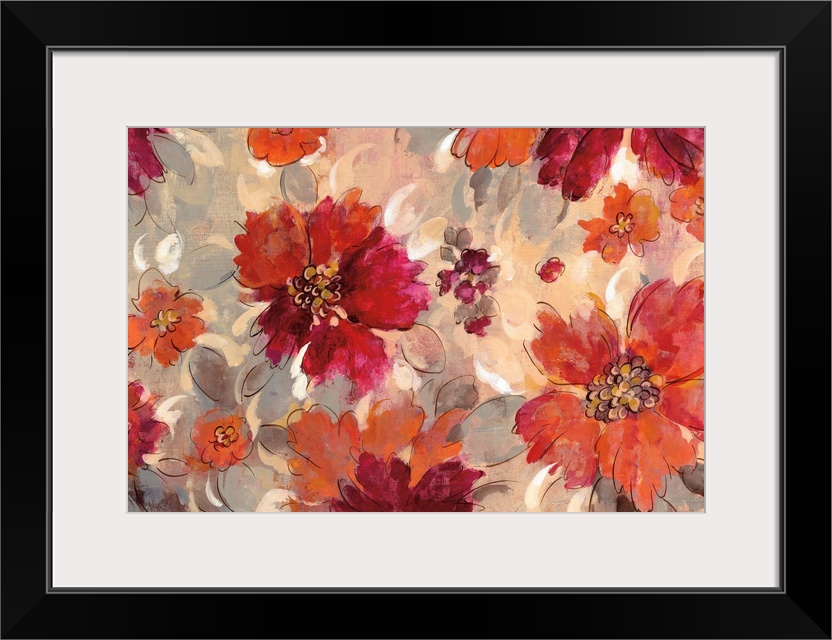Abstract painting of orange, red, and pink flowers with gray leaves on a neutral colored background.