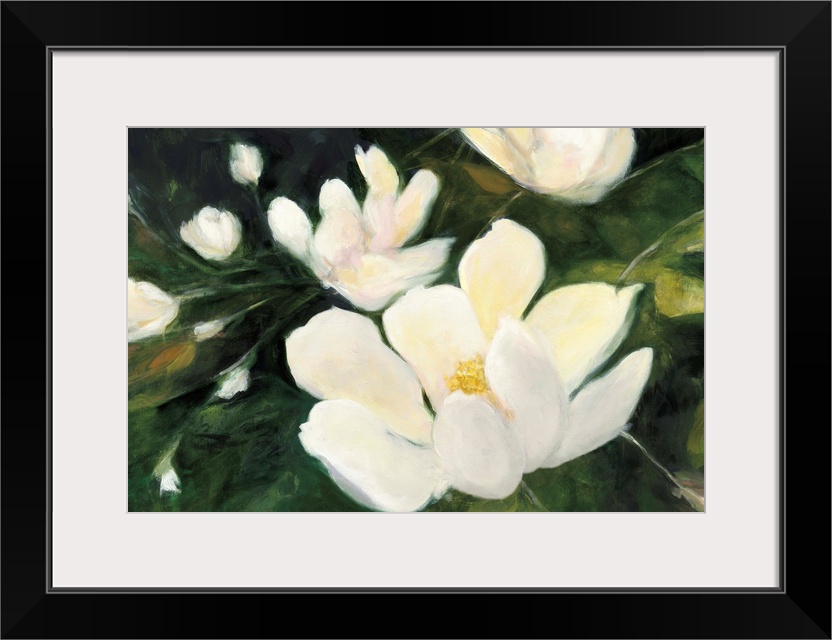 Abstract painting of white magnolia flowers and buds on a dark green background.