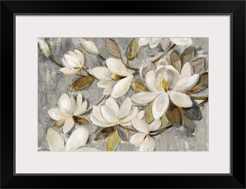 Contemporary painting of magnolia flowers on a textured gray and cream colored background.