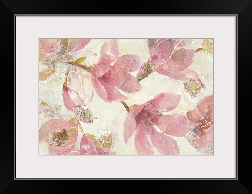 Contemporary painting of pink flowers against a neutral background.
