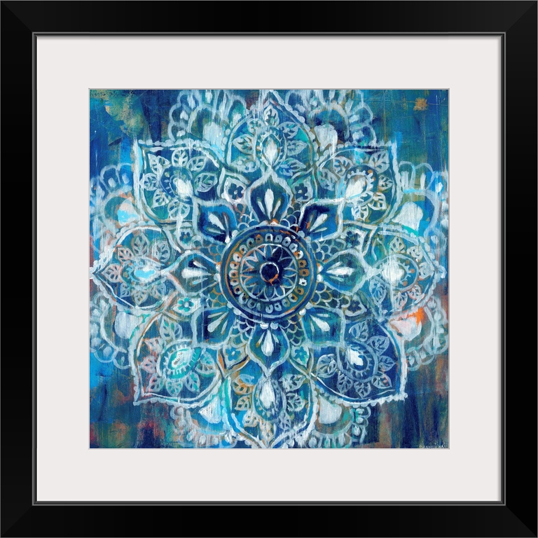 Contemporary artwork of a mandala using predominantly blue.