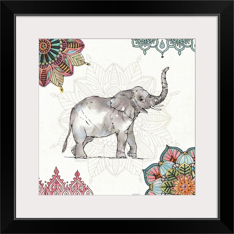 Bohemian style decor with an illustration of an elephant with colorful mandalas all around.