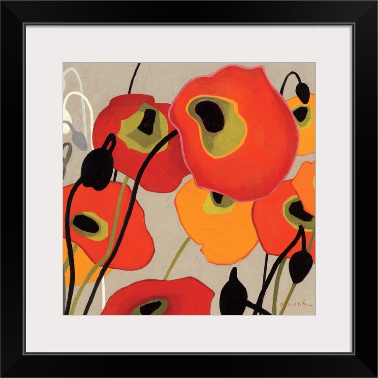 This contemporary abstract painting showcases simplified poppies painted with flat colors over a neutral background.