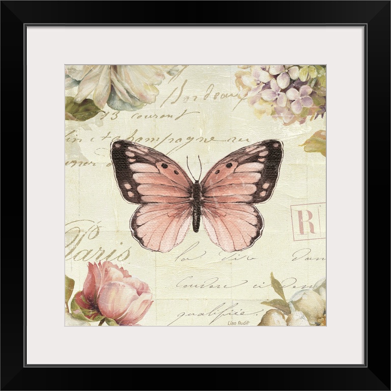 Contemporary artwork of a butterfly with text text against a light cream colored background.