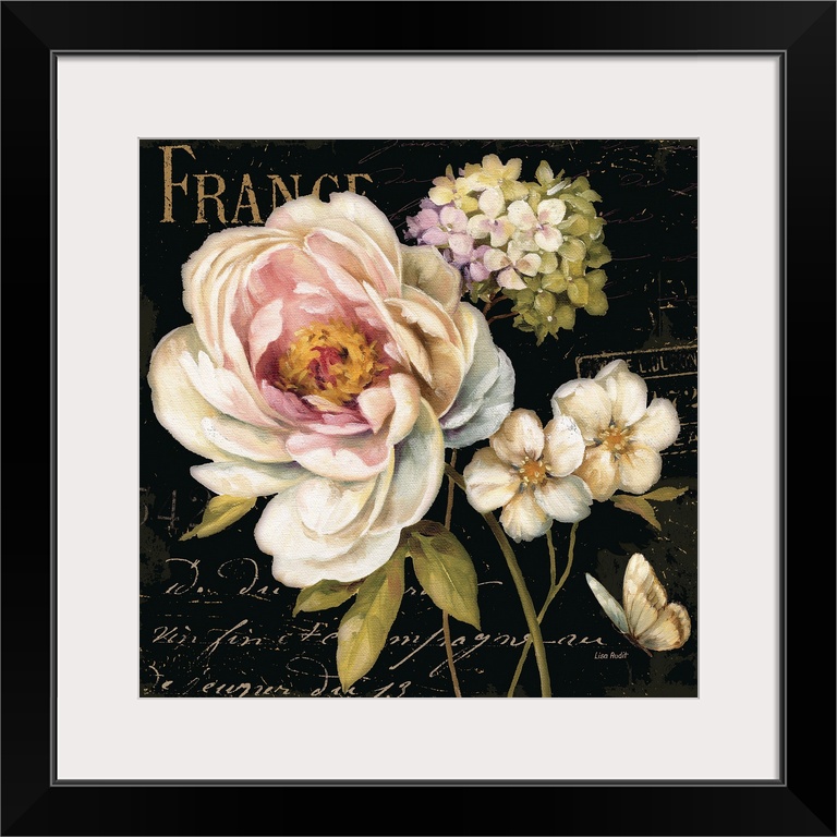 Painting of floral bouquet with fancy script text in background.