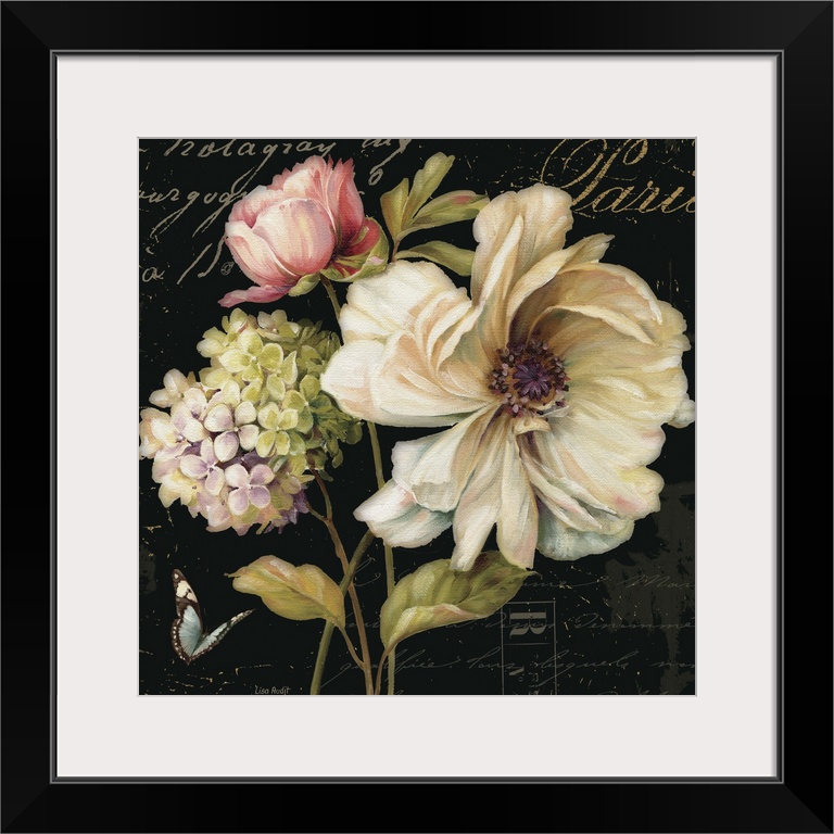 Contemporary artwork of flowers against a text background.