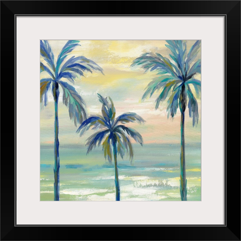 Contemporary painting of three palm trees in cool tones with the ocean in the background and a sunset above.