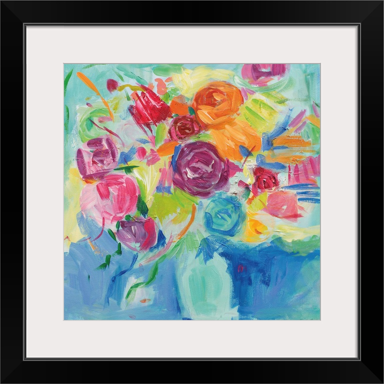 Square abstract painting of a bright Spring floral arrangement on a blue and green background.