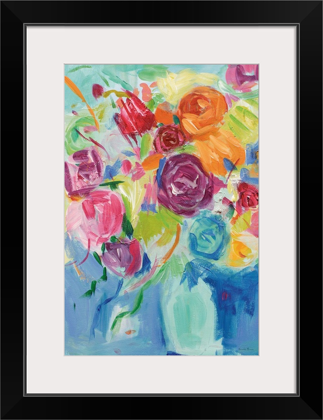 Impressionist painting of pastel colored florals in an aqua vase.