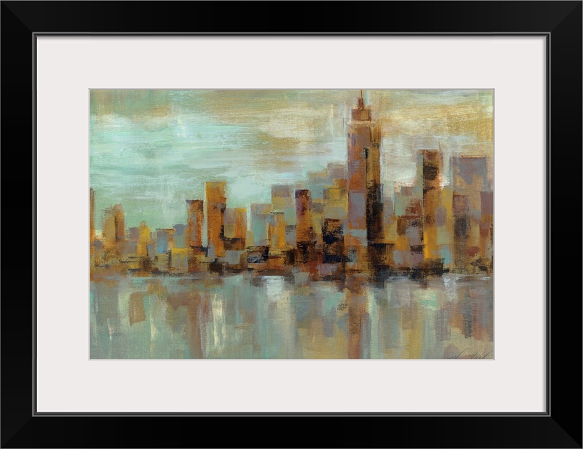 Abstract painting of a misty cityscape with buildings made out of broad strokes.