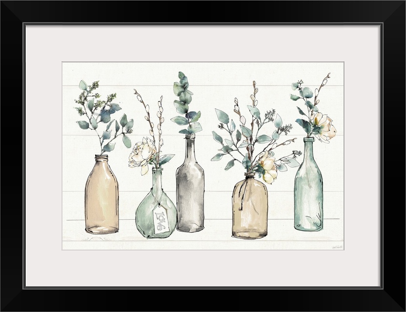 A perfect accent piece to a shabby chic or farmhouse docor scheme, this lovely illustration of colored glass bottles holdi...