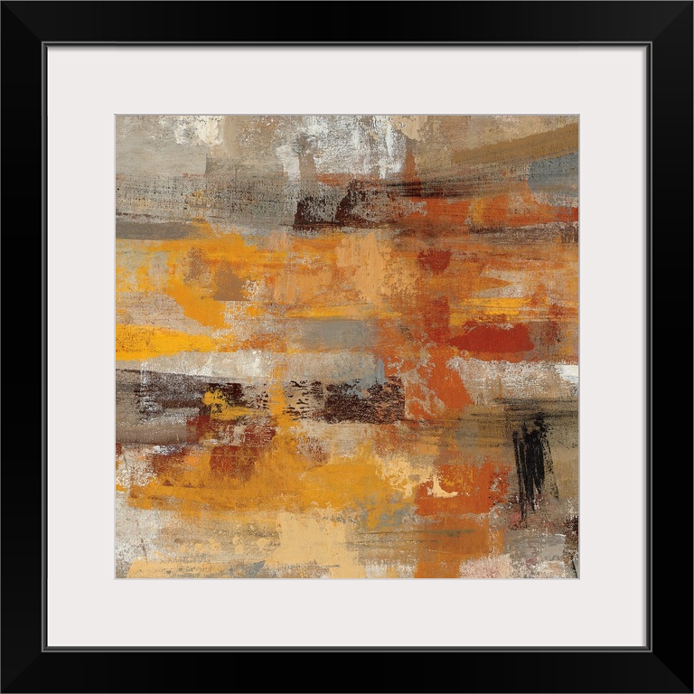 Square, oversized abstract painting of thick, patchy brushstrokes in layers of warm and neutral tones.