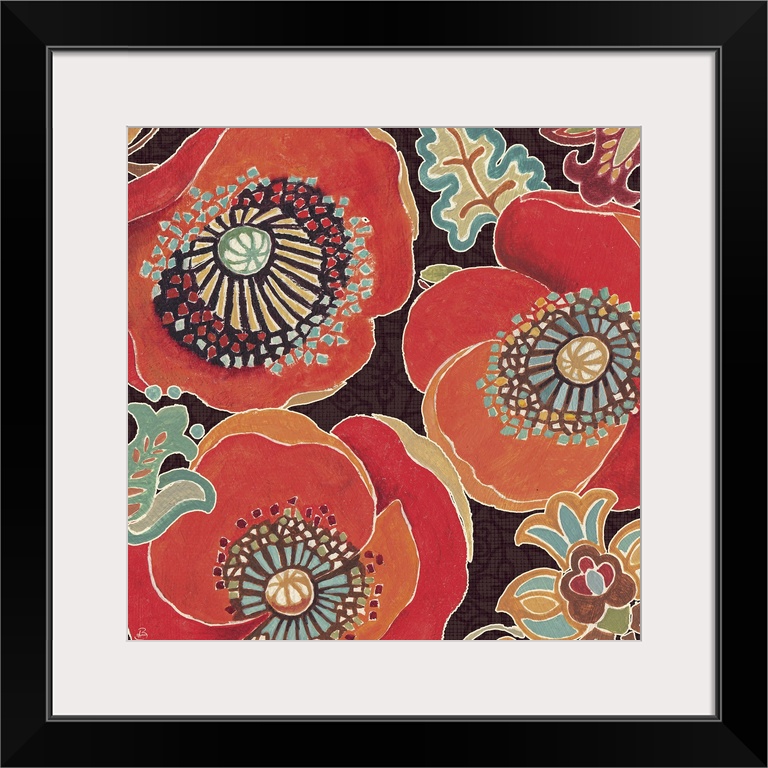 Large, square contemporary art of several big Poppy flowers in warm tones, surrounded by smaller floral designs and leaves.