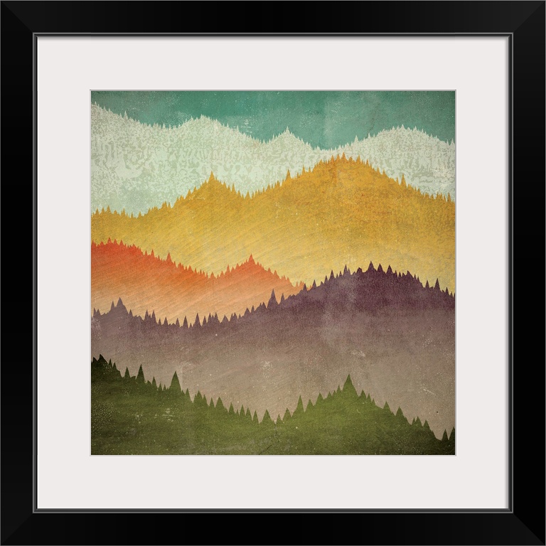 Contemporary artwork of colorful mountain peak silhouettes.