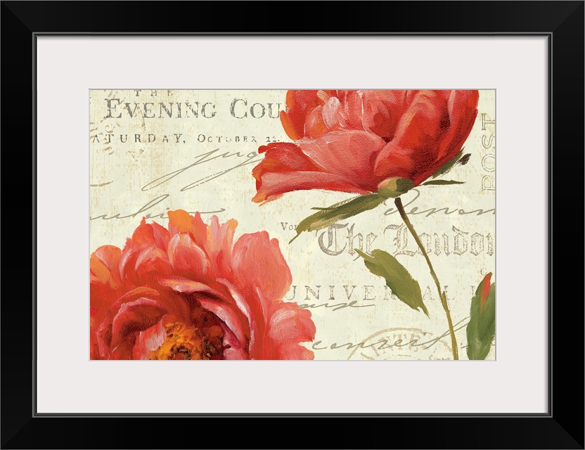 Two painted peony blossoms fill this home docor with cheer and text embellishments in the background give this wall art de...