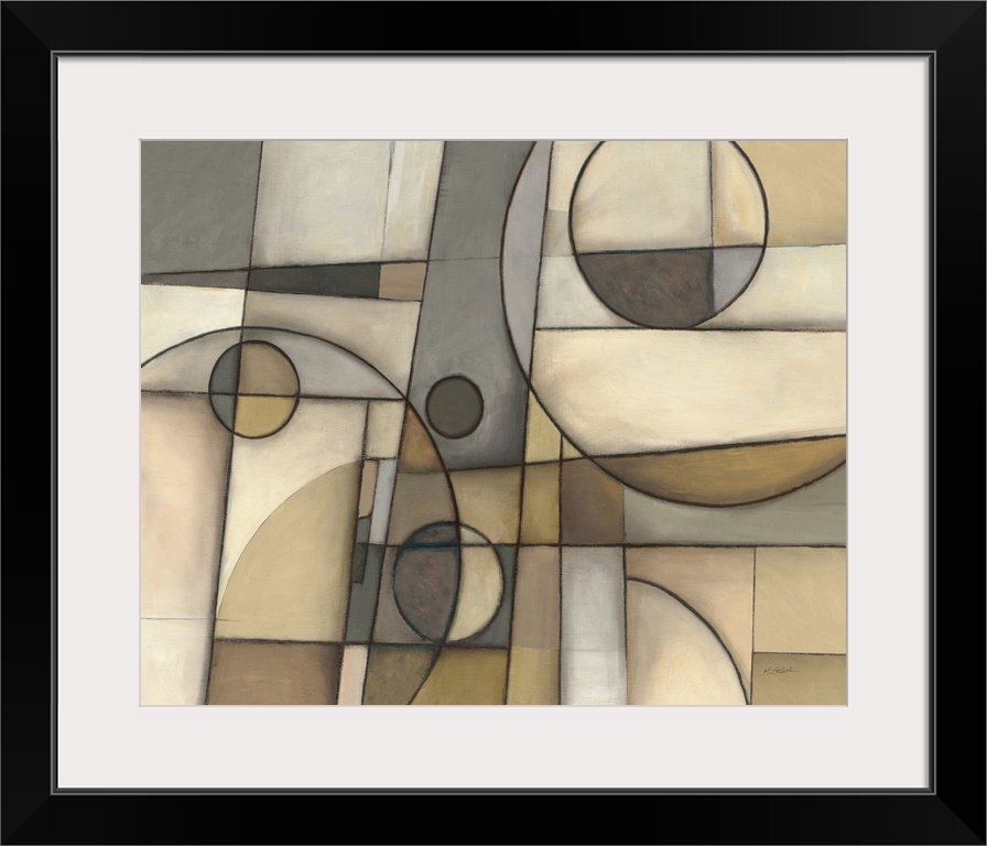 Abstract cubism style painting in neutral colors with geometric shapes.