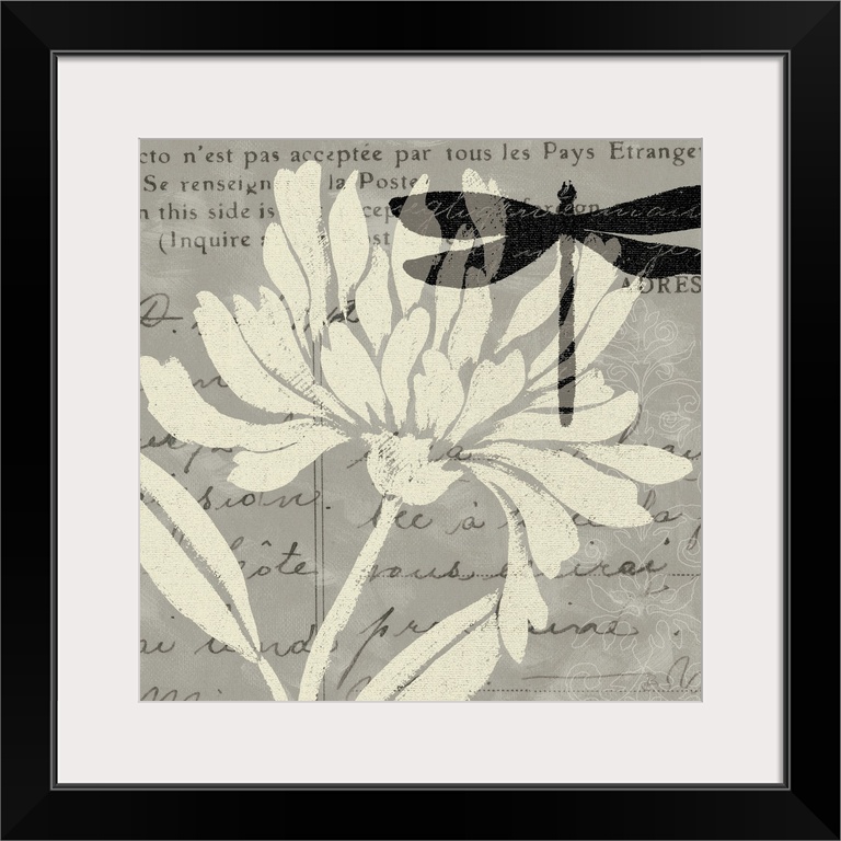 Giant, square home art docor of a large, solid color flower, and a dark, semi-transparent dragonfly at the top of the flow...