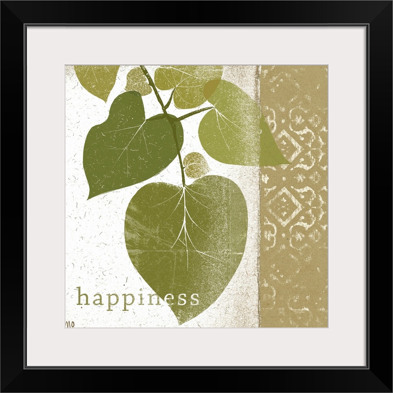 Photo of a branch of leaves and a design with the word happiness at the bottom.