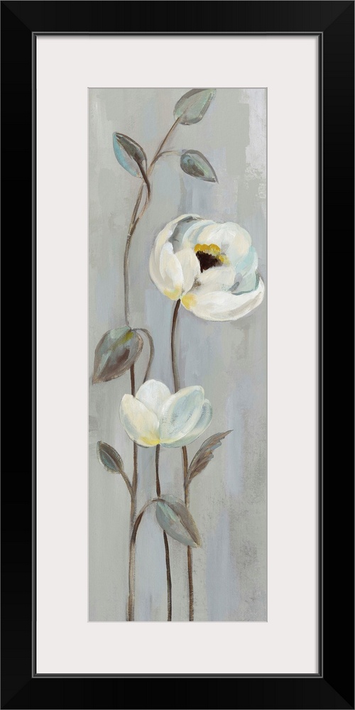 Tall cool toned painting of white flowers with long, thin stems on a grey background.