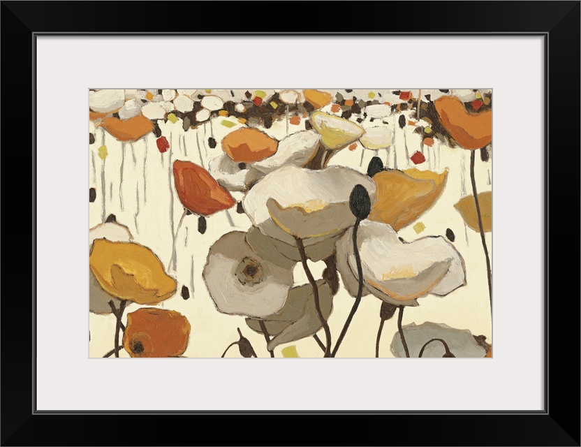 Abstract painting on canvas of multicolored poppies in a field on a neutral background.