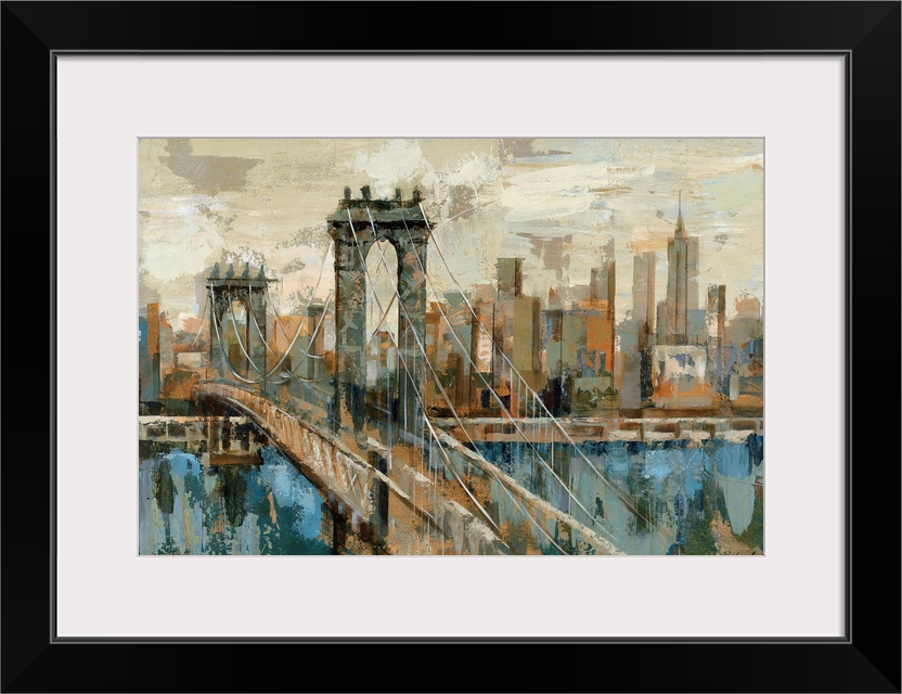 A contemporary painting of the New York City and a suspension bridge seen from an opposite shore created with blocky shape...