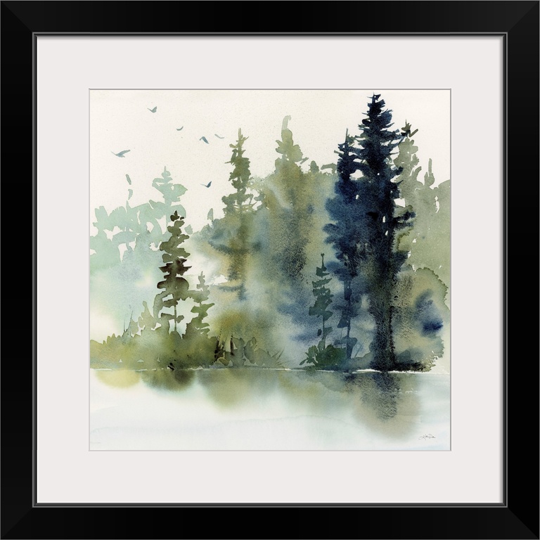 An abstracted contemporary watercolor painting of tall evergreen trees in a misty forest with a lake in the foreground