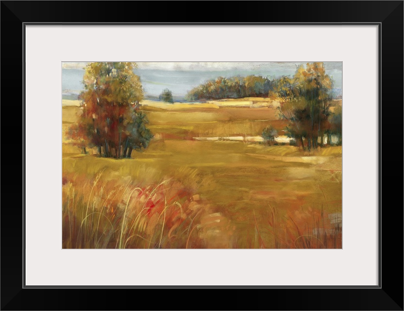 Contemporary landscape painting of a grassy meadow dotted with trees in the late afternoon in the fall.