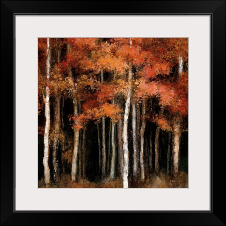 Square contemporary painting of dark woods filled with orange and yellow Autumn trees.
