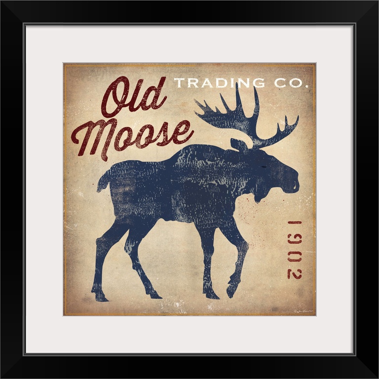 Retro style sign for Old Moose Trading Company, with a blue moose silhouette.